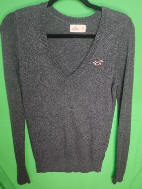 Hollister Vintage Heather Gray V-Neck Knit Sweater Pink Seagull Logo M